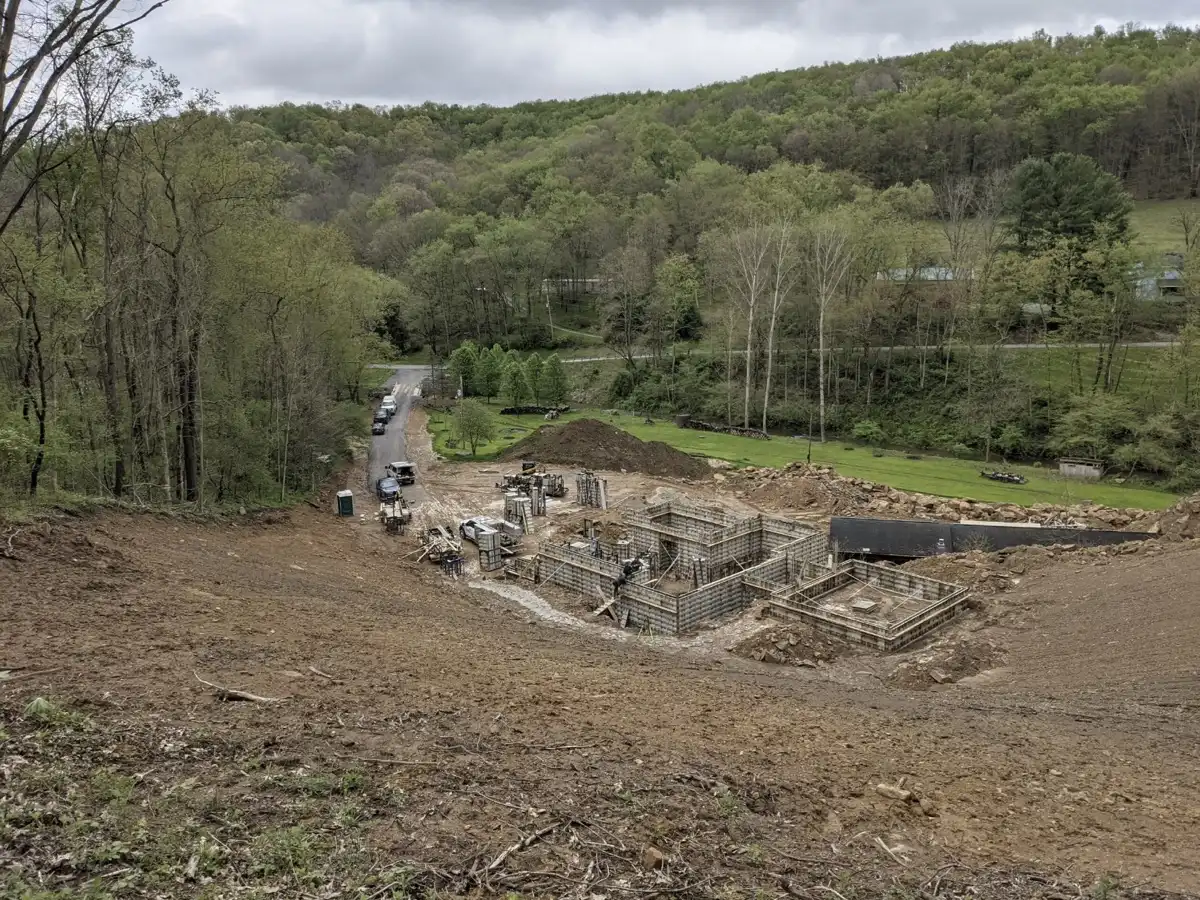 Aerial view of excavation and foundation forms at Seneca Foundations job site in Butler County PA